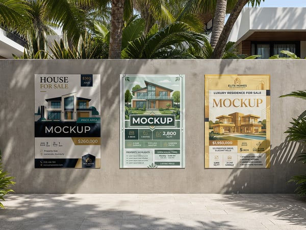 TRES POSTERS MOCKUP EM MURO DE JARDIM PLANTAS AO FUNDO