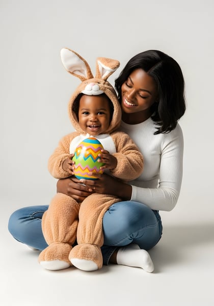 CRIANÇA NEGRA NO COLO DA MÃE NEGRA COM UMA FANTASIA DE COELHINHO DA PÁSCOA SENTADA SEGURANDO UM OVO DA PÁSCOA 01