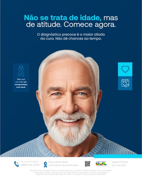 Novembro Azul: Homem Sênior Sorridente, Atitude Na Prevenção Do Câncer De Próstata E Diagnóstico Precoce. Social Media PSD Editável