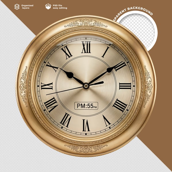 RELÓGIO DE PAREDE CLÁSSICO DOURADO COM NÚMEROS ROMANOS E DETALHES ORNAMENTAIS