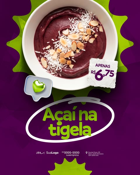 Açaí na Tigela com Coco Ralado e Amêndoas Post para Redes Sociais PSD Editável