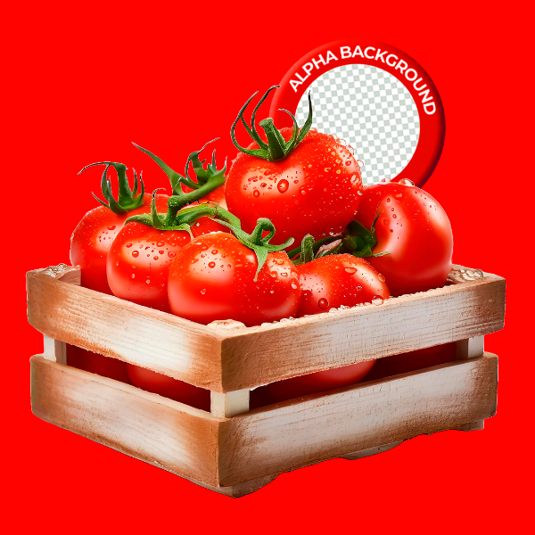 ELEMENTO CAIXOTE COM TOMATE PARA COMPOSIÇÃO PNG TRANSPARENTE SEM FUNDO