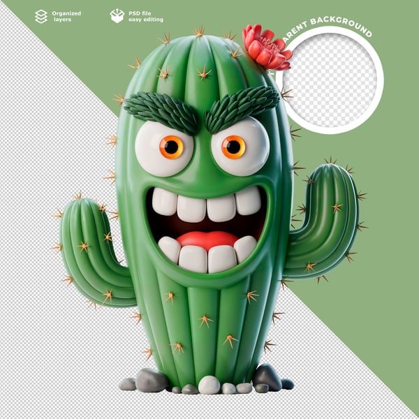 3D CARTOON ANGRY CACTUS CHARACTER WITH BIG TEETH AND RED FLOWER PREMIUM