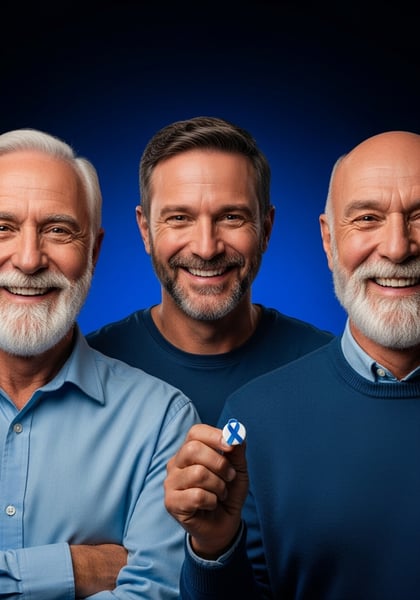 NOVEMBRO AZUL HOMENS FELIZES DE DIFERENTES IDADES COM LACO AZUL CONSCIENTIZAÇÃO SOBRE CÂNCER DE PRÓSTATA E SAÚDE MASCULINA