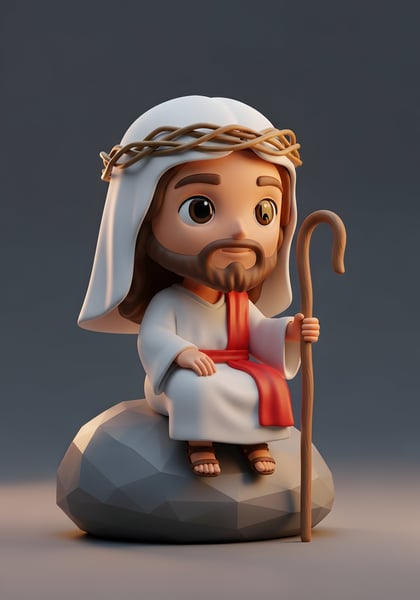 JESUS CRISTO SENTADO EM UMA PEDRA SEGURANDO UM CAJADO DE MADEIRA ESTILO PERSONAGEM 3D 03