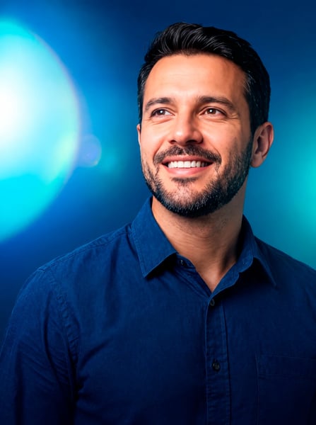 IMAGEM PARA COMPOSIÇÃO NOVEMBRO AZUL HOMEM SORRIDENTE COM ROUPA AZUL SOBRE LUZ DE FUNDO EM JPG
