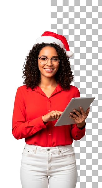 IMAGEM PARA COMPOSIÇÃO MULHER VENDEDORA SEGURANDO UM TABLET NA MÃO PSD