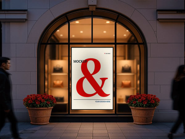 POSTER MOCKUP EM FACHADA ARQUEADA VITRINE ILUMINADA