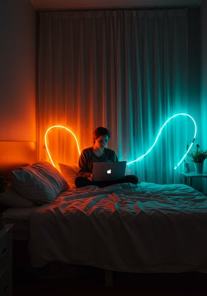 MULHER TRABALHANDO NO NOTEBOOK NA CAMA COM LUZES NEON TRABALHO REMOTO QUARTO MODERNO E ACONCHEGANTE