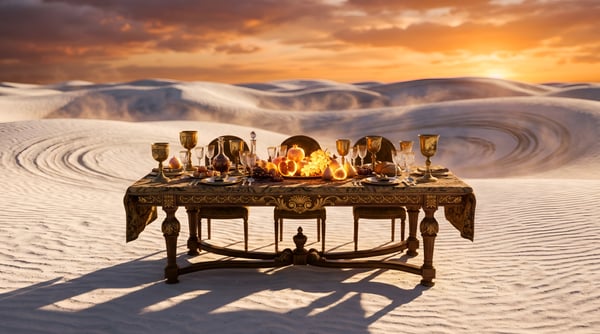 BANQUETE LUXO DESERTO AREIA SURREALISMO MESA POSTA JANTAR EXCLUSIVO CENÁRIO EXÓTICO 01