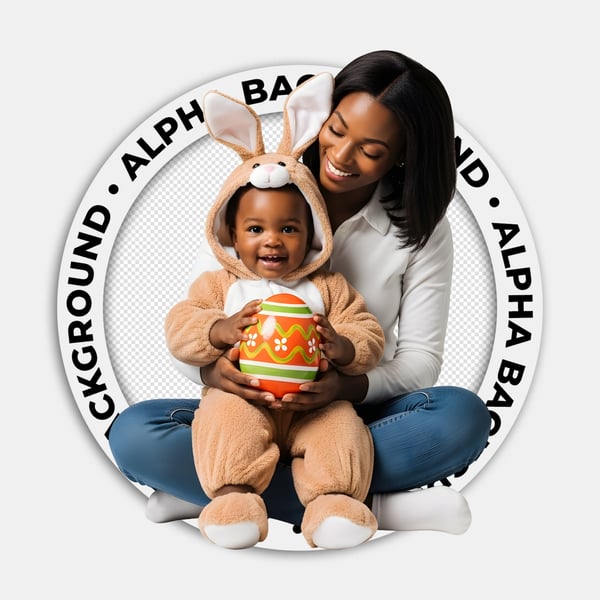 CRIANÇA NEGRA NO COLO DA MÃE NEGRA COM UMA FANTASIA DE COELHINHO DA PÁSCOA SENTADA SEGURANDO UM OVO DA PÁSCOA 04