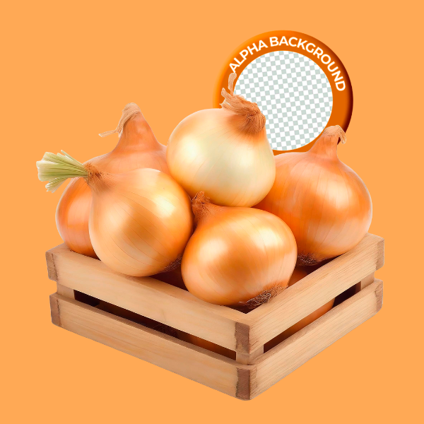 ELEMENTO CAIXOTE COM CEBOLA PARA COMPOSIÇÃO PNG TRANSPARENTE SEM FUNDO