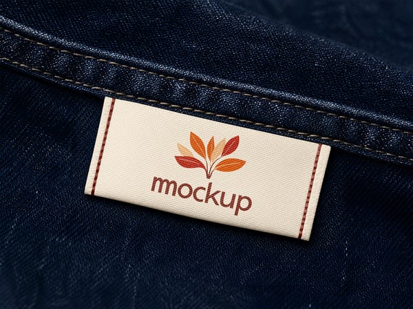 ETIQUETA TECIDA MOCKUP EM JEANS VISTA APROXIMADA