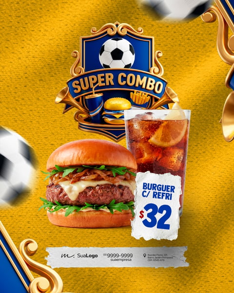BANNER SUPER COMBO HAMBÚRGUER COM REFRIGERANTE FUTEBOL PSD EDITÁVEL