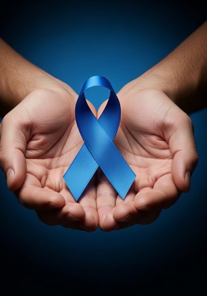 NOVEMBRO AZUL MOS SEGURANDO FITA AZUL SÍMBOLO DE CONSCIENTIZAÇÃO E APOIO AO CÂNCER DE PRÓSTATA