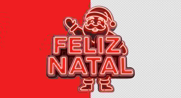 SELO 3D FELIZ NATAL EM NEON VERMELHO COM PAPAI NOEL PNG TRANSPARENTE