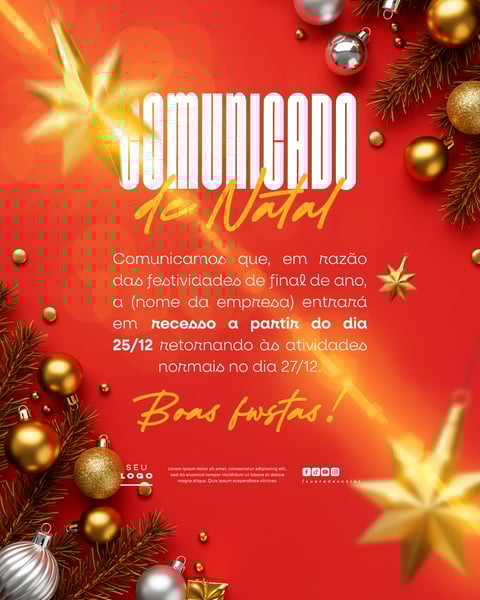 COMUNICADO DE NATAL AVISO ANÚNCIO RECESSO FERIADO SOCIAL MEDIA PSD EDITÁVEL 25