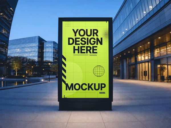 POSTER MOCKUP EM PRAÇA URBANA PRÉDIOS AO FUNDO