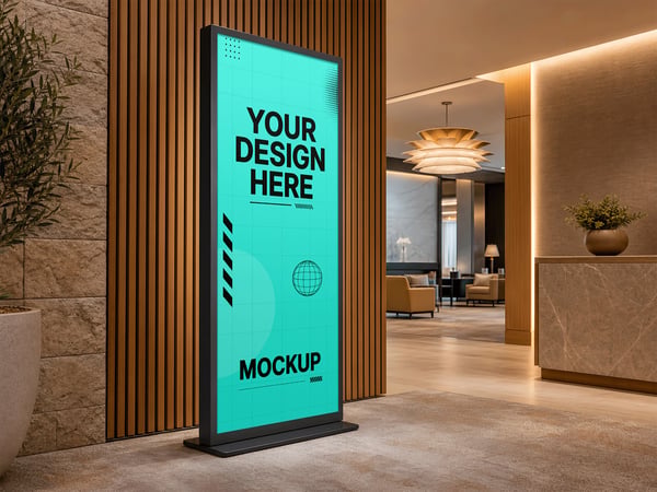 TOTEM PUBLICITÁRIO MOCKUP NA ENTRADA DE LOUNGE VISTA LATERAL