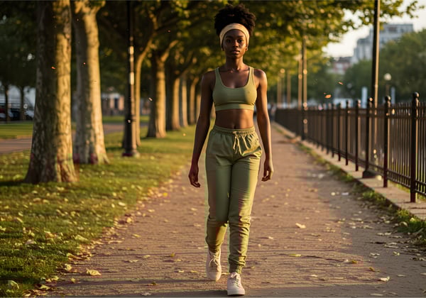 Mulher negra jovem, com roupa fitness, caminhando de forma confiante e serena.
