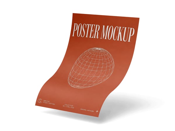 POSTER CURVADO MOCKUP EM SUPERFÍCIE NEUTRA VISTA EM PERSPECTIVA