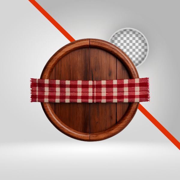 CÍRCULO DE MADEIRA  3D COM PANO XADREZ, ELIPSE PARA TEXTO, ELEMENTO PNG SÃO JOÃO, FESTA JUNINA, ARRAIÁ, TÁBUA, FUNDO