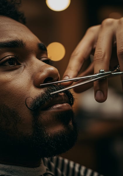 BARBEIRO USANDO TESOURA DE AÇO INOX PARA ALINHAR O BIGODE DE UM HOMEM