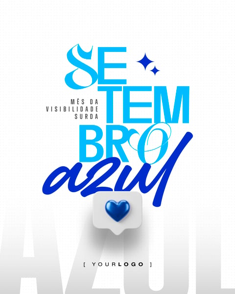 SETEMBRO AZUL MÊS DA VISIBILIDADE SURDA ÍCONE CORAÇÃO 3D SOCIAL MEDIA PSD EDITÁVEL
