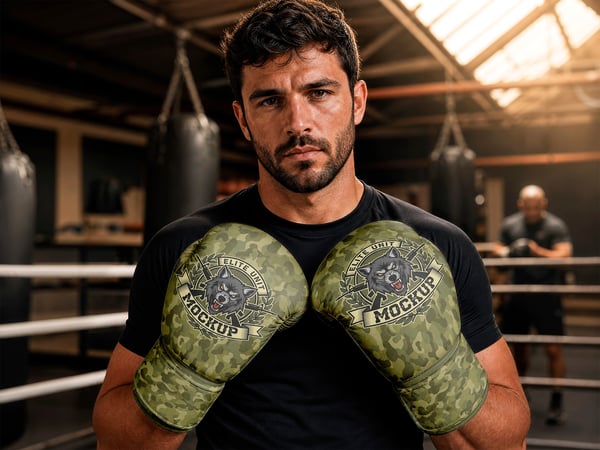 LUVAS DE BOXE MOCKUP EM ATLETA ACADEMIA AO FUNDO