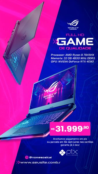 STORY  SOCIAL MEDIA GAME PLAY DE QUALIDADE NOTEBOOK GAMER ROG PSD EDITÁVEL
