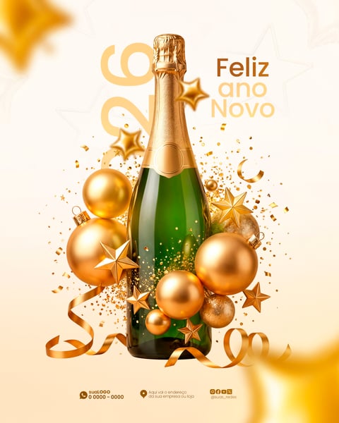 CHAMPAGNE 3D BRILHANTE DOURADO COM ESTRELAS E BALÕES PARA FELIZ ANO NOVO