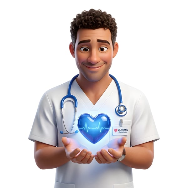 DOCTOR HOLDING GLOWING BLUE HEART HEALTHCARE