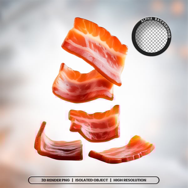 3D RENDER FATIAS PEDAÇOS DE BACON CARNE ELEMENTO ÍCONE PSD PNG