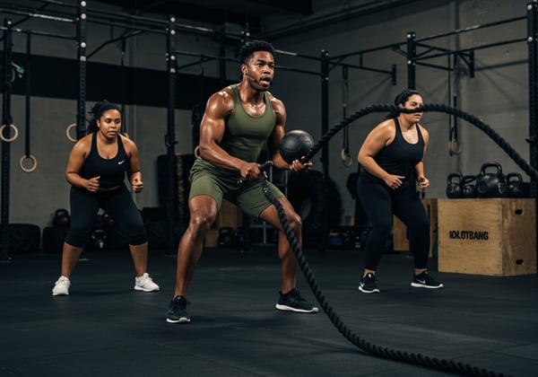TREINO FUNCIONAL DE ALTA INTENSIDADE COM CORDAS NAVAIS E MEDICINE BALL NA ACADEMIA GRUPO FITNESS DIVERSIFICADO EM EXERCÍCIO DE FORA E CONDICIONAMENTO