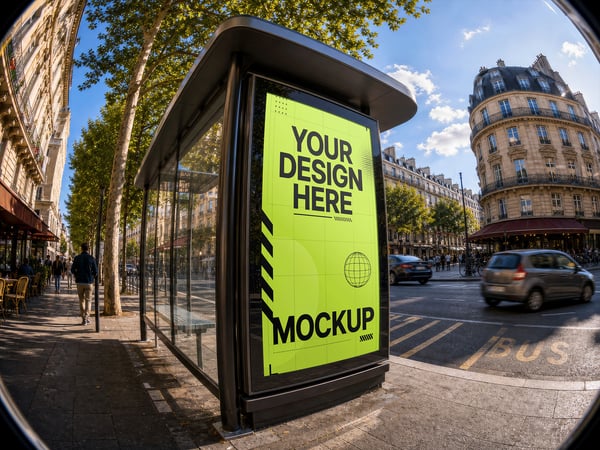 POSTER DE ABRIGO DE ÔNIBUS MOCKUP EM RUA ESTREITA VISTA EM PERSPECTIVA