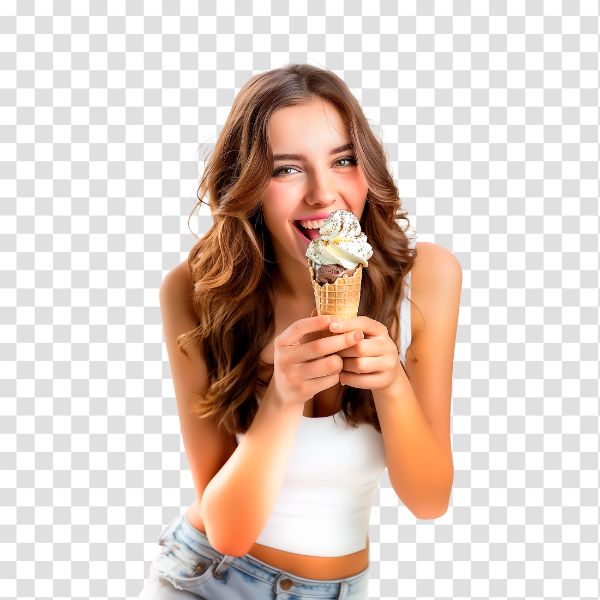 UMA LINDA MULHER TOMANDO UM SORVETE DE CASQUINHA - IMAGEM SEM FUNDO, PNG