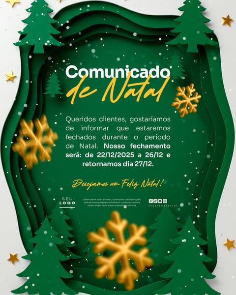 COMUNICADO DE NATAL AVISO ANÚNCIO RECESSO FERIADO SOCIAL MEDIA PSD EDITÁVEL 30