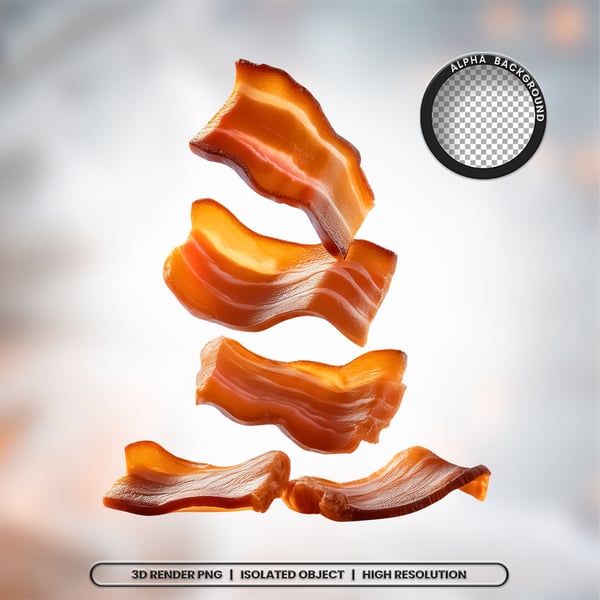 3D RENDER FATIAS PEDAÇOS DE BACON CARNE ELEMENTO ÍCONE PSD PNG