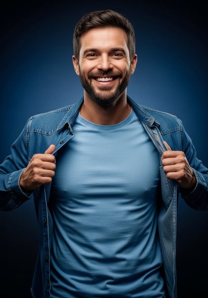 HOMEM FELIZ SORRINDO COM JAQUETA JEANS ABERTA E CAMISETA AZUL RETRATO MASCULINO CONFIANTE ESTILO CASUAL FUNDO AZUL LISO