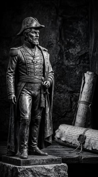 Estátua de Tiradentes com um pergaminho ao lado em preto e branco 4