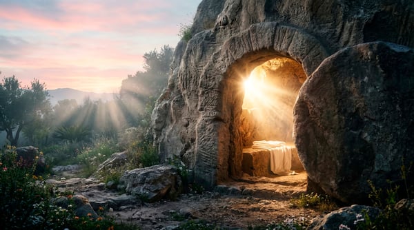 TÚMULO ABERTO LUZ REFLETINDO PARA COMPOSIÇÃO PÁSCOA CRISTÃ