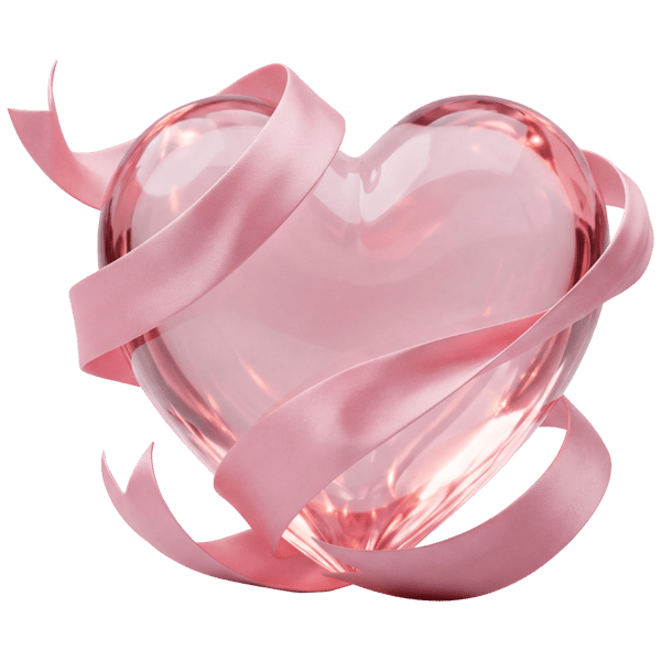 PINK GLASS HEART WRAPPED IN A SMOOTH SATIN RIBBON ON WHITE BACKGROUND