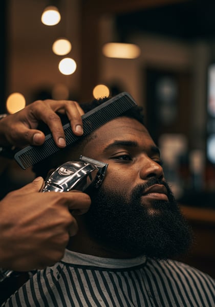 BARBEIRO APARANDO A BARBA DE UM HOMEM VISTO DE FRENTE
