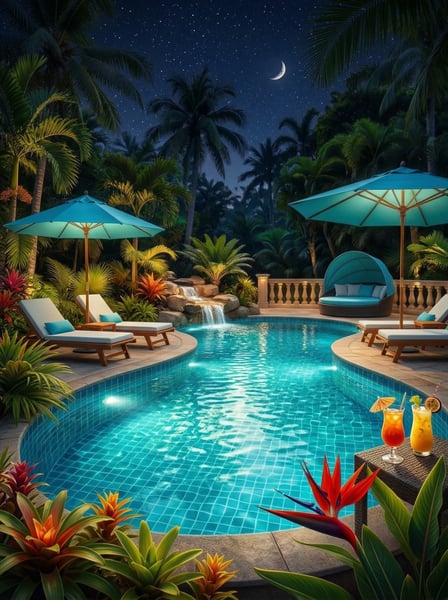 PISCINA EM RESORT TROPICAL NOTURNO COM CASCATA DE PEDRAS OMBRELONES ILUMINADOS E CÉU ESTRELADO COM LUA