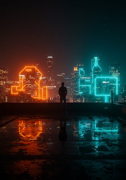 NOITE NA CIDADE CYBERPUNK FIGURA SOLITÁRIA EM TELHADO COM VISTA PARA ARRANHA CÉUS NEON LARANJA E AZUL E REFLEXOS