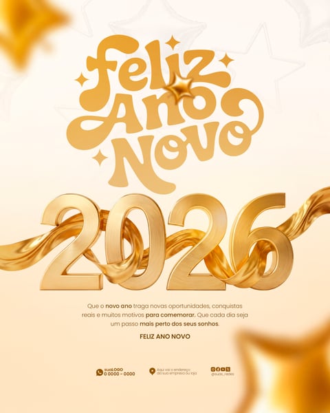 FELIZ ANO NOVO 2026 DOURADO BRILHANTE COM FITA LUXUOSA E ESTRELAS FESTIVAS