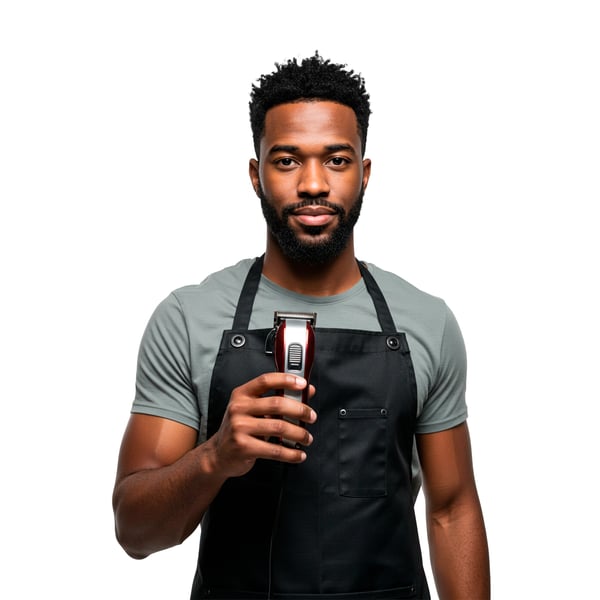 BARBEIRO NEGRO DE UNIFORME SEGURANDO UMA MÁQUINA DE CORTAR CABELO