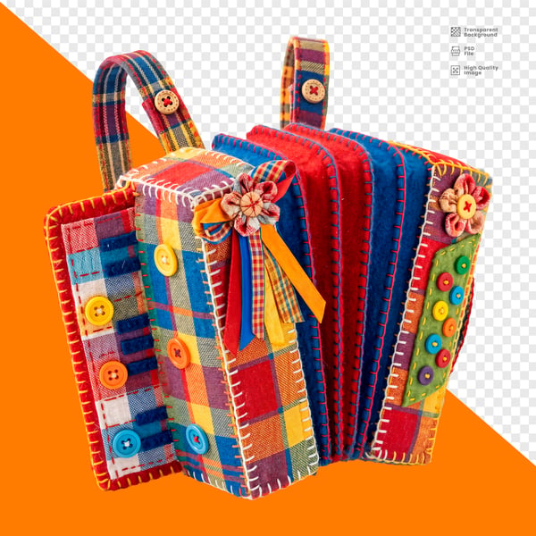 SANFONA FELTRO PATCHWORK XADREZ COLORIDA ARTESANAL BOTÕES FESTA JUNINA PNG TRANSPARENTE