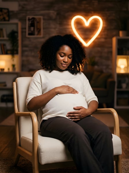 MULHER GRÁVIDA SEGURANDO A BARRIGA SENTADA NO SOFÁ COM UM CORAÇÃO LUMINOSO AO FUNDO 4
