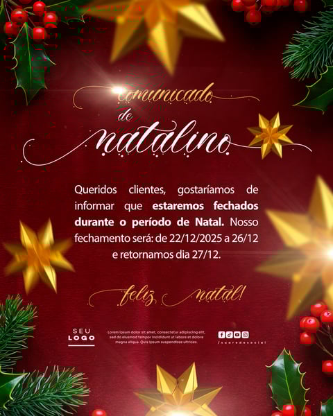 COMUNICADO DE NATAL AVISO ANÚNCIO RECESSO FERIADO SOCIAL MEDIA PSD EDITÁVEL 19